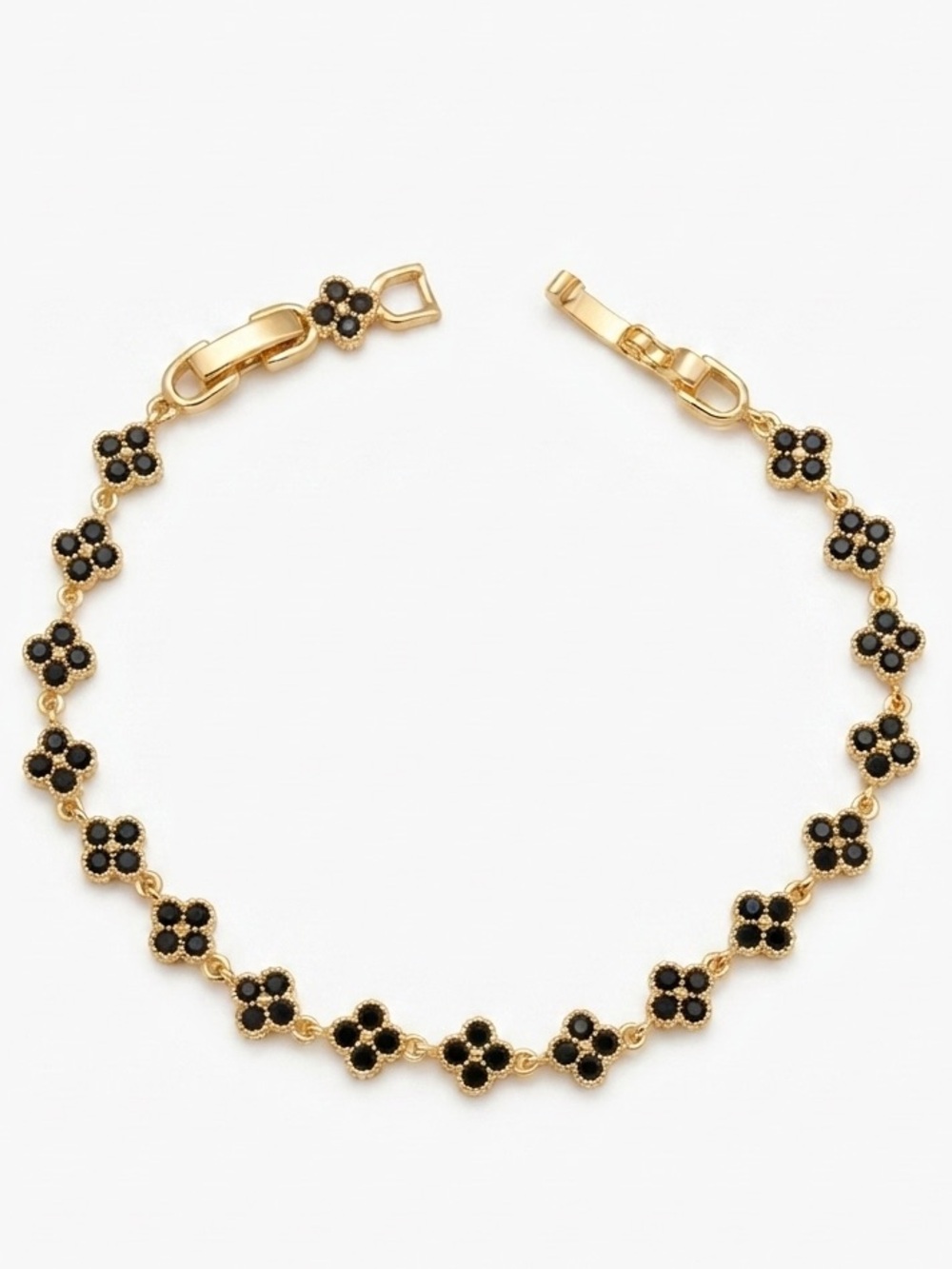 Black Crystal Clover Charm Bracelet | 14K Gold Plated Adjustable Bracelet